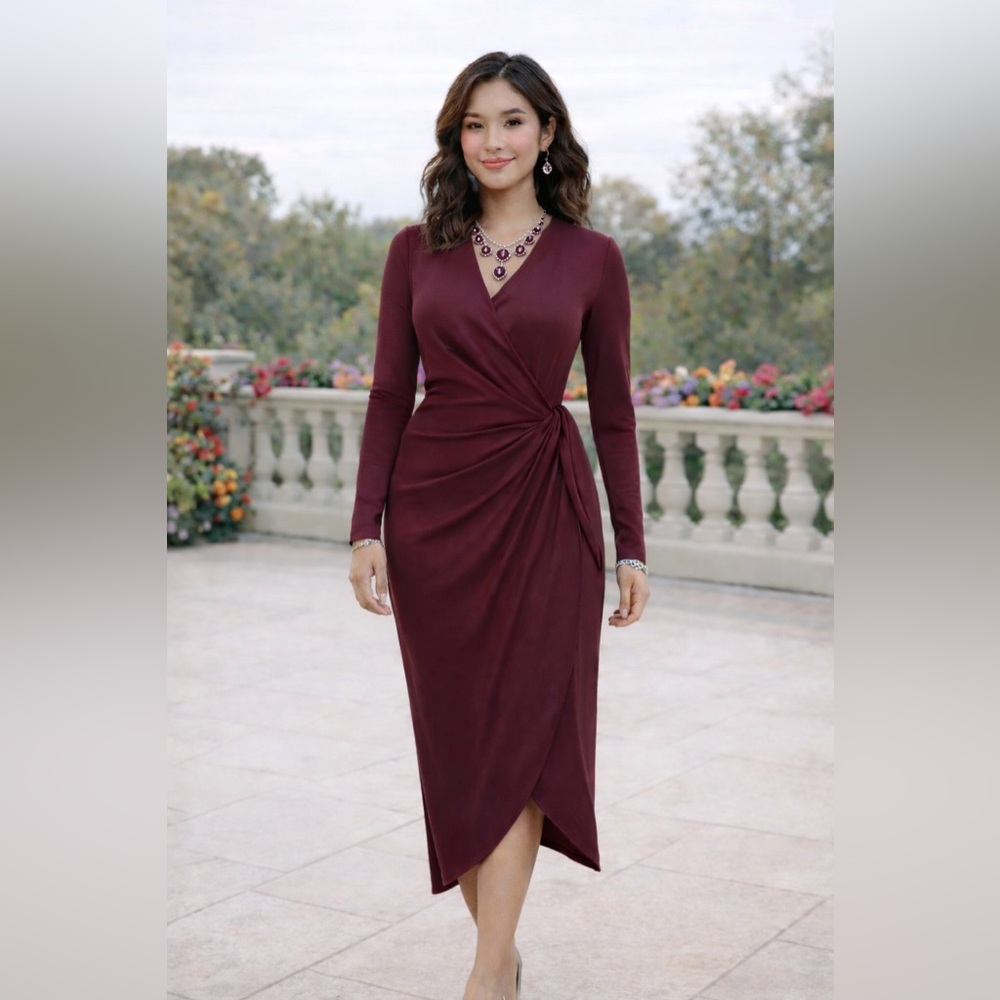 NWT Me & Thee Burgundy Knit Wrap Dress Sz 12 Long Sleeves Midi Career Office